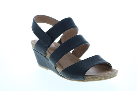 Me Too Tora 3 Strap Back Strap Wedge Womens Black Leather Wedges Heels Shoes