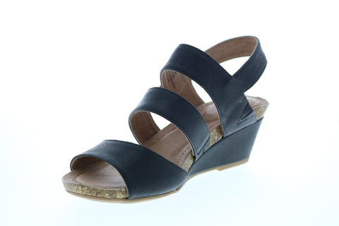 Me Too Tora 3 Strap Back Strap Wedge Womens Black Leather Wedges Heels Shoes