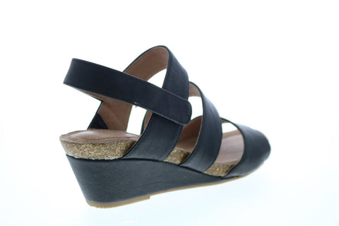 Me Too Tora 3 Strap Back Strap Wedge Womens Black Leather Wedges Heels Shoes