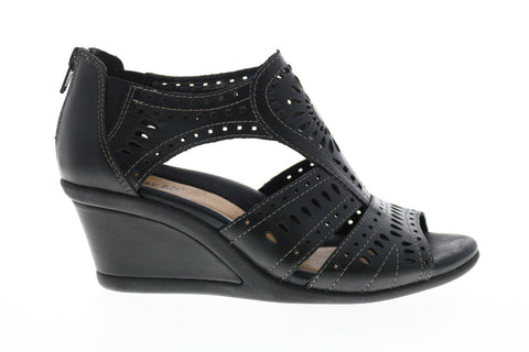 Earth Crown Lazer Cut Womens Black Leather Zipper Wedges Heels Shoes