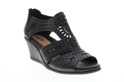 Earth Crown Lazer Cut Womens Black Leather Zipper Wedges Heels Shoes