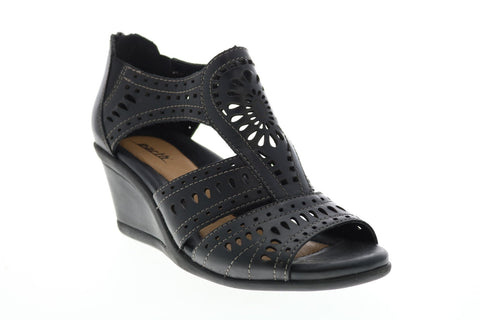 Earth Inc. Crown Lazer Cut Womens Black Leather Zipper Wedges Heels Shoes