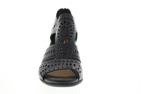 Earth Inc. Crown Lazer Cut Womens Black Leather Zipper Wedges Heels Shoes