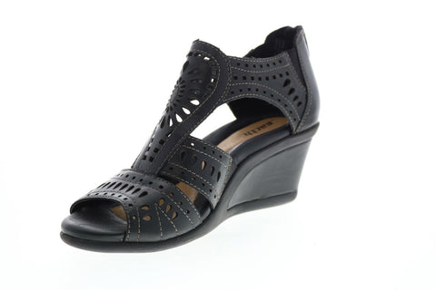 Earth Crown Lazer Cut Womens Black Leather Zipper Wedges Heels Shoes