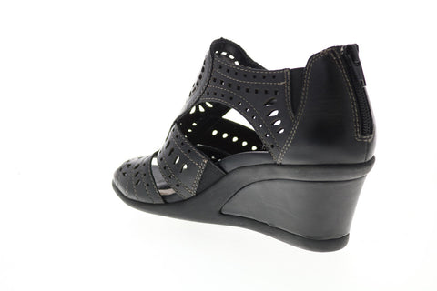 Earth Crown Lazer Cut Womens Black Leather Zipper Wedges Heels Shoes