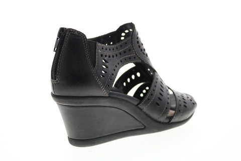 Earth Inc. Crown Lazer Cut Womens Black Leather Zipper Wedges Heels Shoes