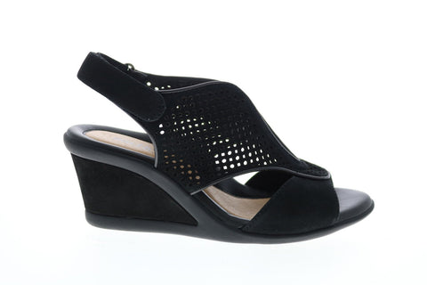 Earth Inc. Dalia Soft Buck Womens Black Nubuck Strap Wedges Heels Shoes