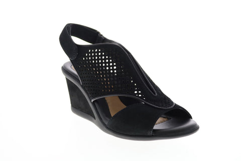 Earth Inc. Dalia Soft Buck Womens Black Nubuck Strap Wedges Heels Shoes