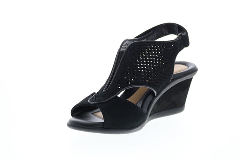 Earth Inc. Dalia Soft Buck Womens Black Nubuck Strap Wedges Heels Shoes