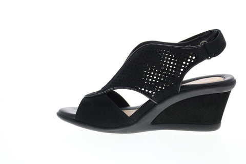 Earth Inc. Dalia Soft Buck Womens Black Nubuck Strap Wedges Heels Shoes