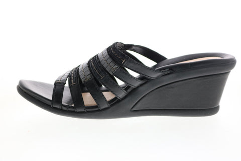 Earth Inc. Gardenia Calf Leather Womens Black Slip On Wedges Heels Shoes