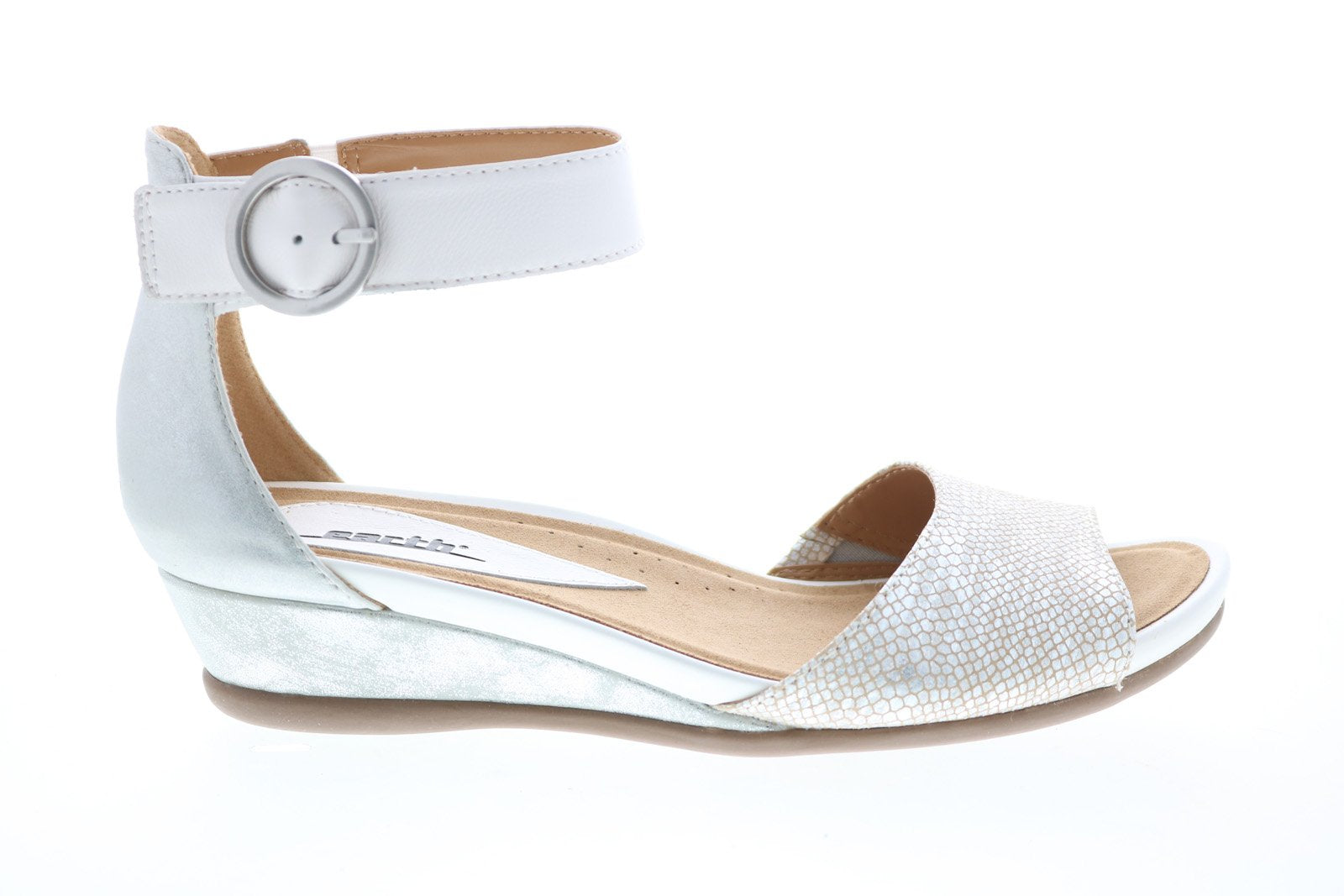 Earth Hera Low Wedge Ankle Strap Womens White Suede Strap Flats
