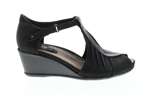 Earth Inc. Primrose T Strap Wedge Womens Black Leather Strap Heels Shoes
