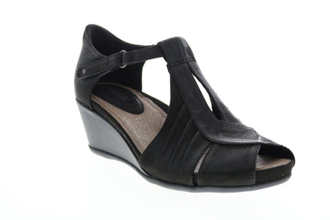 Earth Inc. Primrose T Strap Wedge Womens Black Leather Strap Heels Shoes