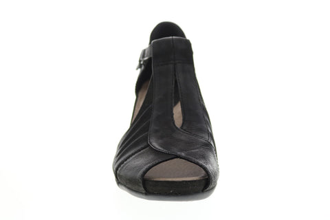 Earth Inc. Primrose T Strap Wedge Womens Black Leather Strap Heels Shoes