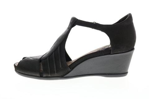 Earth Inc. Primrose T Strap Wedge Womens Black Leather Strap Heels Shoes