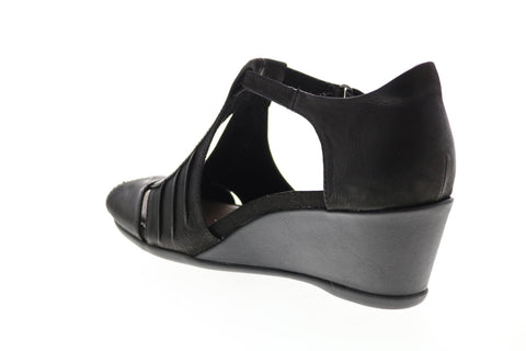 Earth Inc. Primrose T Strap Wedge Womens Black Leather Strap Heels Shoes