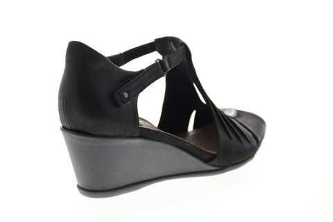 Earth Inc. Primrose T Strap Wedge Womens Black Leather Strap Heels Shoes