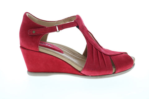 Earth Inc. Primrose T Strap Wedge Womens Red Nubuck Strap Wedges Heels Shoes