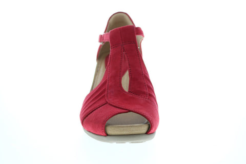 Earth Inc. Primrose T Strap Wedge Womens Red Nubuck Strap Wedges Heels Shoes