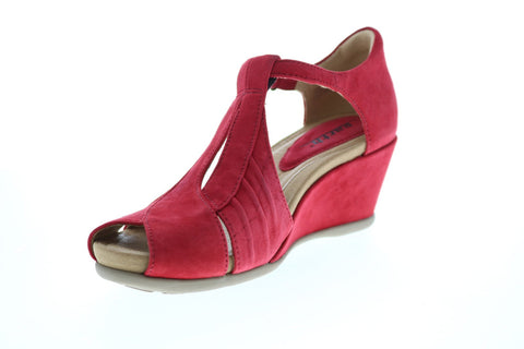 Earth Inc. Primrose T Strap Wedge Womens Red Nubuck Strap Wedges Heels Shoes
