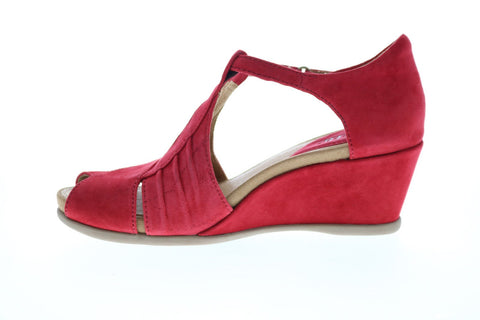 Earth Inc. Primrose T Strap Wedge Womens Red Nubuck Strap Wedges Heels Shoes