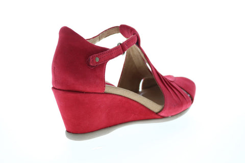 Earth Inc. Primrose T Strap Wedge Womens Red Nubuck Strap Wedges Heels Shoes