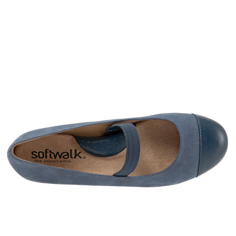 Softwalk Napa MJ S1760-421 Womens Blue Wide Leather Mary Jane Flats Shoes