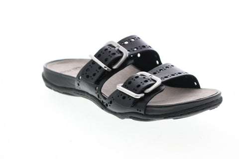 Earth Inc. Sand Havana Leather Womens Black Leather Strap Sandals Shoes