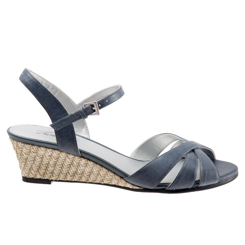 Trotters Mickey T1401-400 Womens Blue Wide Leather Wedges Sandals Shoes