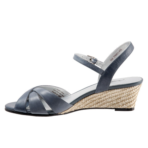 Trotters Mickey T1401-400 Womens Blue Wide Leather Wedges Sandals Shoes