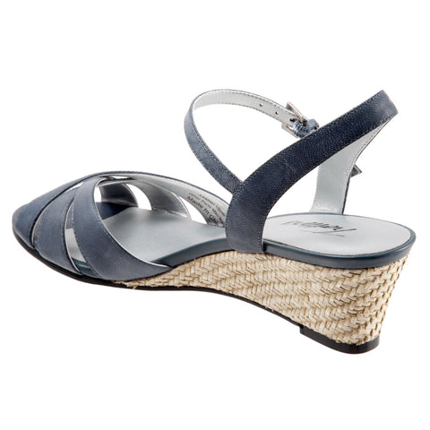 Trotters Mickey T1401-400 Womens Blue Wide Leather Wedges Sandals Shoes