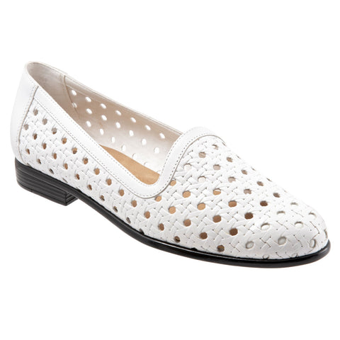 Trotters Liz Open T1909-100 Womens White Leather Slip On Loafer Flats Shoes