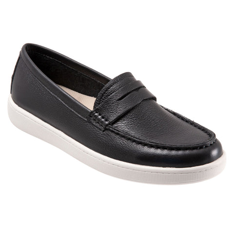 Trotters Dina T2000-001 Womens Black Wide Leather Slip On Loafer Flats Shoes