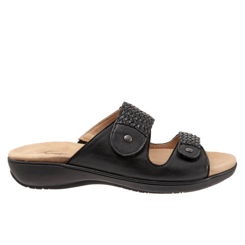Trotters Terri T2018-001 Womens Black Wide Leather Strap Slides Sandals Shoes