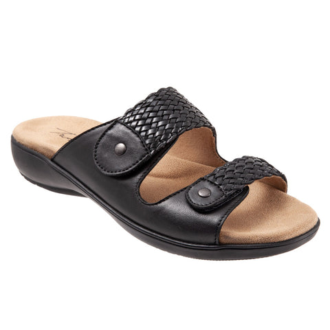 Trotters Terri T2018-001 Womens Black Wide Leather Strap Slides Sandals Shoes