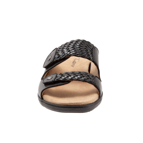 Trotters Terri T2018-001 Womens Black Wide Leather Strap Slides Sandals Shoes