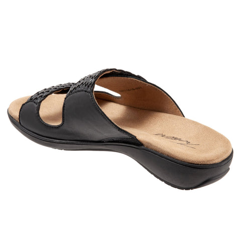 Trotters Terri T2018-001 Womens Black Wide Leather Strap Slides Sandals Shoes