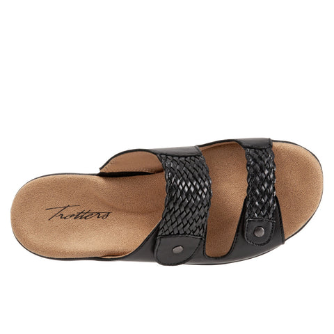 Trotters Terri T2018-001 Womens Black Wide Leather Strap Slides Sandals Shoes