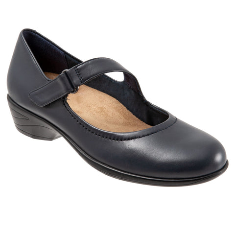 Trotters Rona T2066-400 Womens Blue Wide Leather Strap Mary Jane Flats Shoes