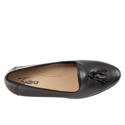 Trotters Liz Tassel T2224-001 Womens Black Wide Leather Loafer Flats Shoes