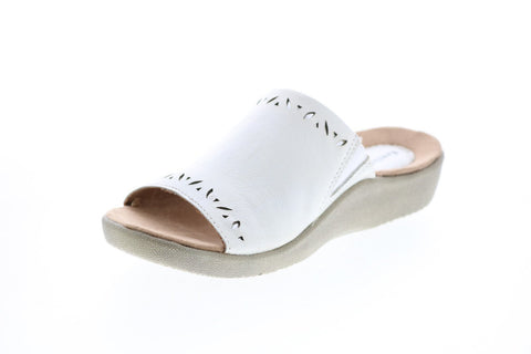 Earth Origins Valorie Womens White Wide Leather Slip On Slides Flats Shoes