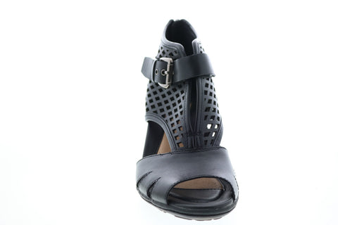 Earth Inc. Virgo Lazer Cut Womens Black Leather Zipper Strap Heels Shoes