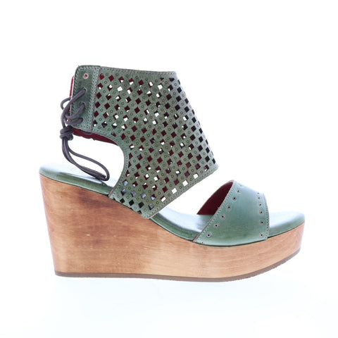 BedStu Enid F376011 Womens Green Leather Lace Up Wedges Sandals Shoes