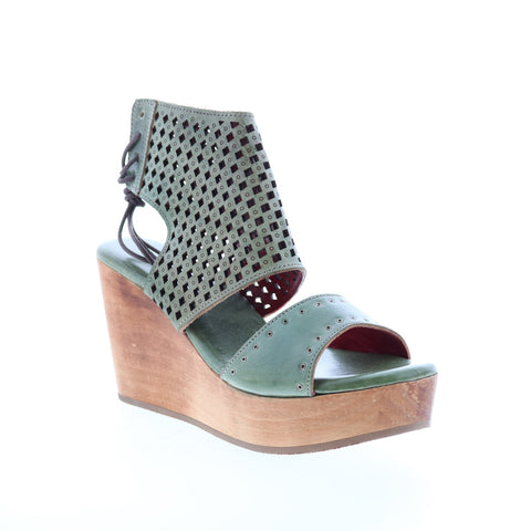 BedStu Enid F376011 Womens Green Leather Lace Up Wedges Sandals Shoes