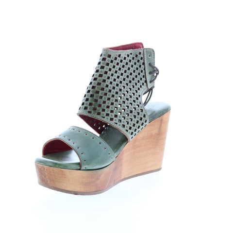 BedStu Enid F376011 Womens Green Leather Lace Up Wedges Sandals Shoes