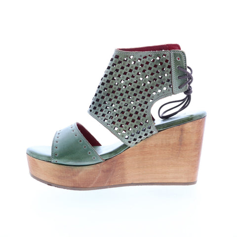 BedStu Enid F376011 Womens Green Leather Lace Up Wedges Sandals Shoes