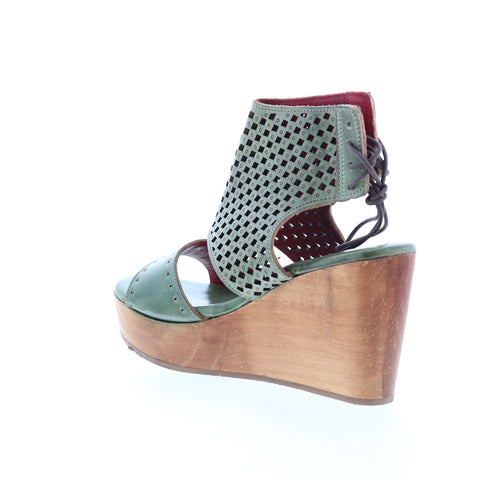 BedStu Enid F376011 Womens Green Leather Lace Up Wedges Sandals Shoes