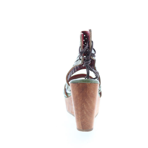 BedStu Enid F376011 Womens Green Leather Lace Up Wedges Sandals Shoes