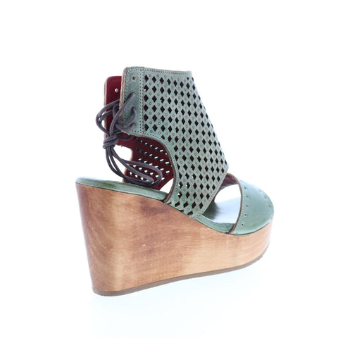 BedStu Enid F376011 Womens Green Leather Lace Up Wedges Sandals Shoes